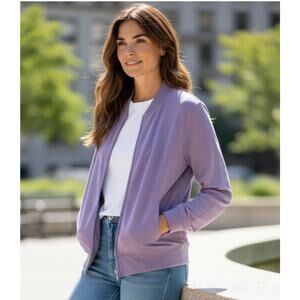 Eileen Fisher Organic Cotton Zip Up Jacket Purple Lightweight Bomber Large